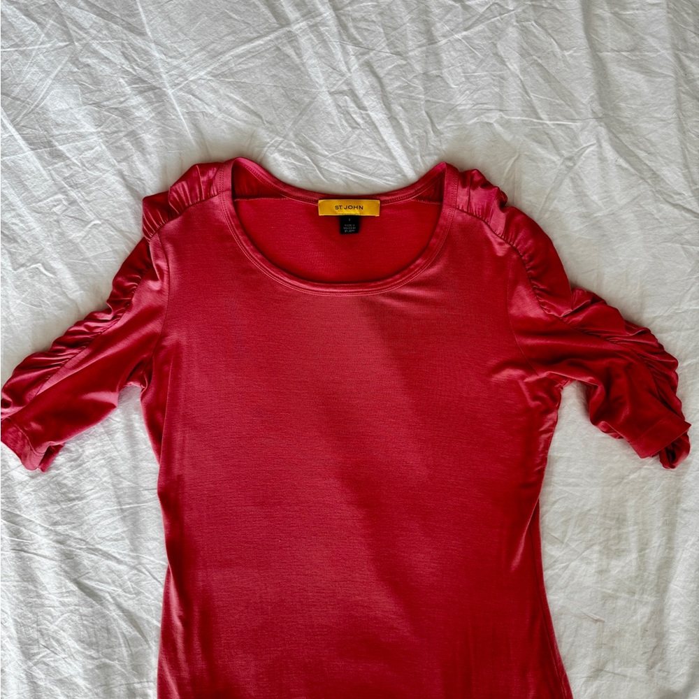 St.John Knits, Ruffled Sleeve Top, color Coral, gold St. John logo on back neck